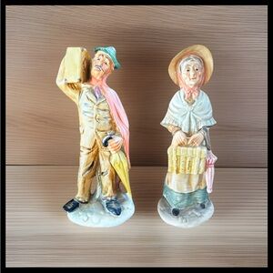 Antique Hand-Painted Market Man & Women Figurines • Made in Japan • Mid-Century